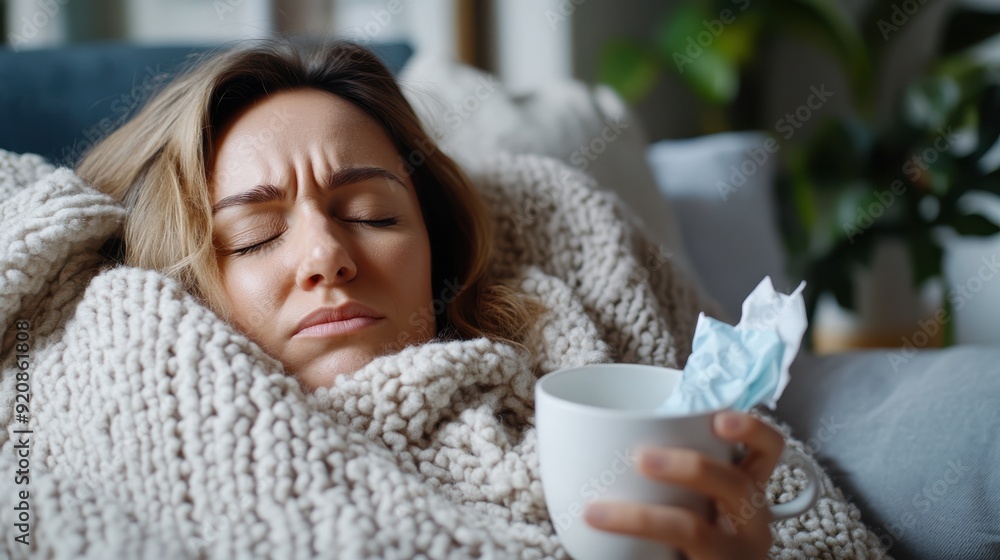 A woman looks unwell and is wrapped in a cozy blanket, sitting on a couch. She is holding a cup and tissue, indicating she might be experiencing symptoms of a cold or flu. A woman looks unwell and is wrapped in a cozy blanket, sitting on a couch. She is holding a cup and tissue, indicating she might be experiencing symptoms of a cold or flu.