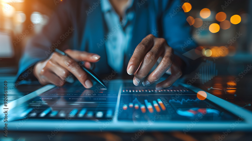 Photo Realistic of Person Reviewing Financial Transactions on Tablet for Personal Finance Management and Transaction Tracking with Simple Background Stock Photo Concept Photo Realistic of Person Reviewing Financial Transactions on Tablet for Personal Finance Management and Transaction Tracking with Simple Background Stock Photo Concept