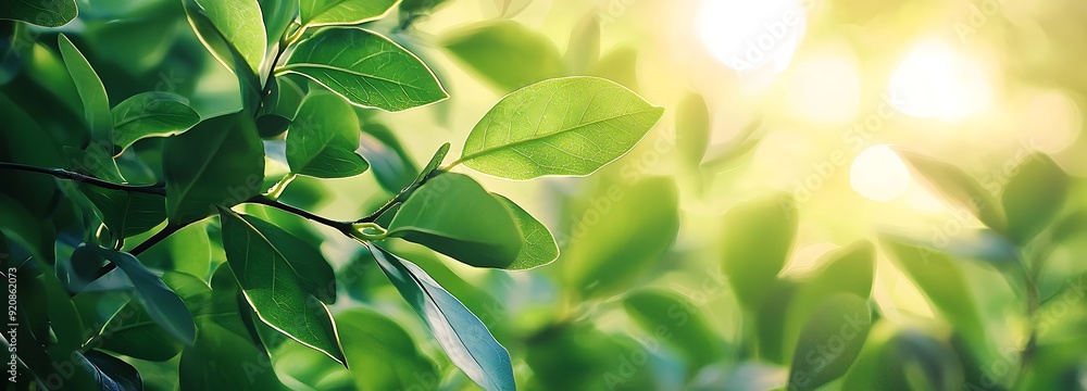 Fototapeta premium Close-up of lush green leaves with bright sunlight shining through.