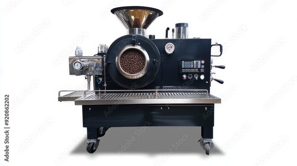 Fototapeta premium A professional coffee bean roasting machine, typically featuring a sleek, industrial design. It includes a rotating drum for even roasting, temperature controls, and a cooling tray