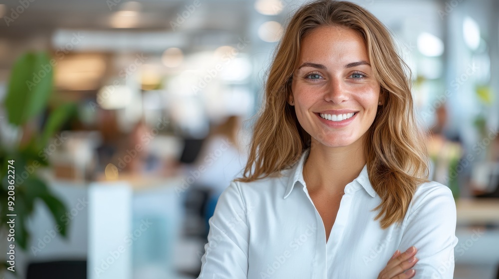 A young woman is standing confidently, smiling in a modern office setting. She is wearing business attire, suggesting professionalism, and the atmosphere is dynamic and inviting. A young woman is standing confidently, smiling in a modern office setting. She is wearing business attire, suggesting professionalism, and the atmosphere is dynamic and inviting.
