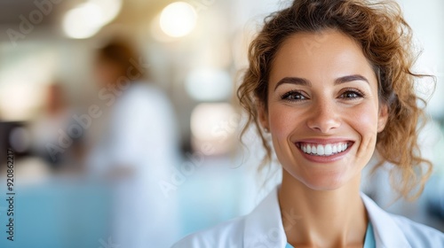 A young woman is smiling proudly inside a bright medical office. She is wearing a white coat, indicating she is a healthcare professional, and the room is clean and modern.