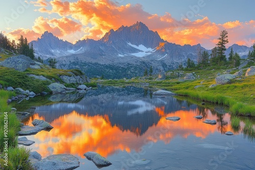 majestic mountain range bathed in golden sunset light dramatic clouds catching firelike colors serene alpine lake in foreground reflecting the sky photo