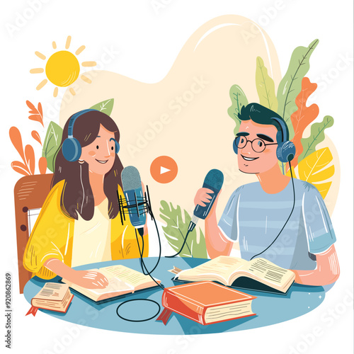 A man and a woman podcasting with microphones