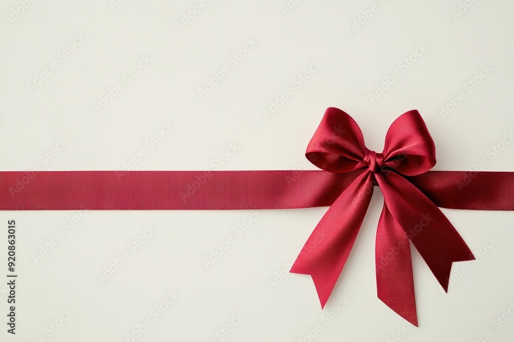 Red satin bow on beige background with empty space Red satin bow on beige background with empty space