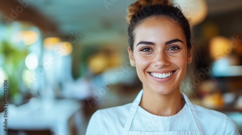 A woman in an apron smiles brightly in a restaurant ambiance, embodying warmth, professional service, and a welcoming atmosphere in a customer-focused environment.