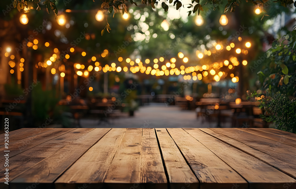 Wooden table in a warm, illuminated outdoor setting, perfect for gatherings and cozy evenings under string lights. Wooden table in a warm, illuminated outdoor setting, perfect for gatherings and cozy evenings under string lights.
