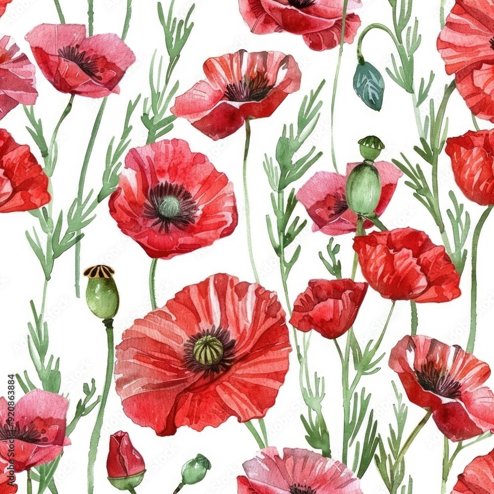 Obraz premium Watercolor Poppy Bouquet Pattern. Seamless Hand-Painted Floral Illustration
