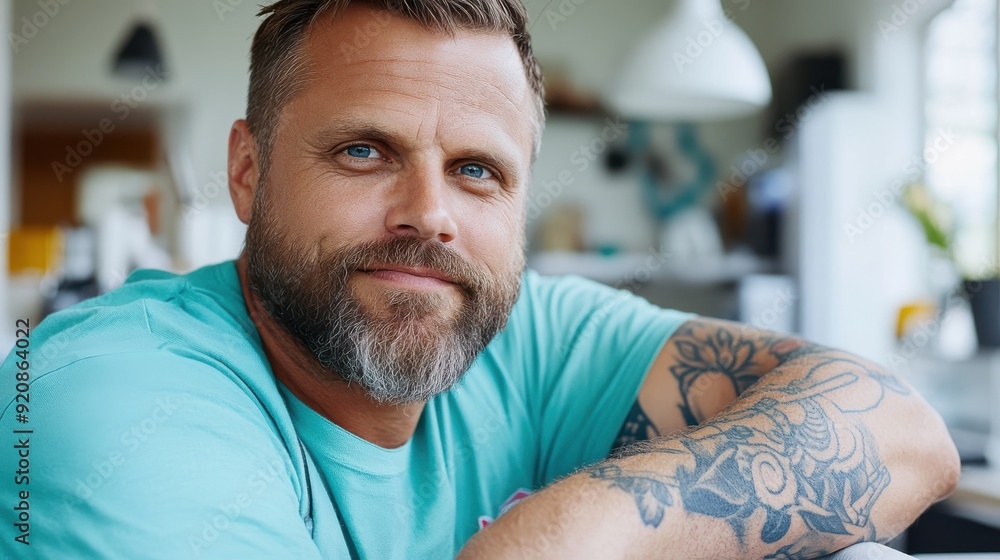 A man with tattoos and a beard is smiling while wearing a light blue shirt, creating a friendly and approachable atmosphere with his pleasant demeanor in a cozy setting. A man with tattoos and a beard is smiling while wearing a light blue shirt, creating a friendly and approachable atmosphere with his pleasant demeanor in a cozy setting.