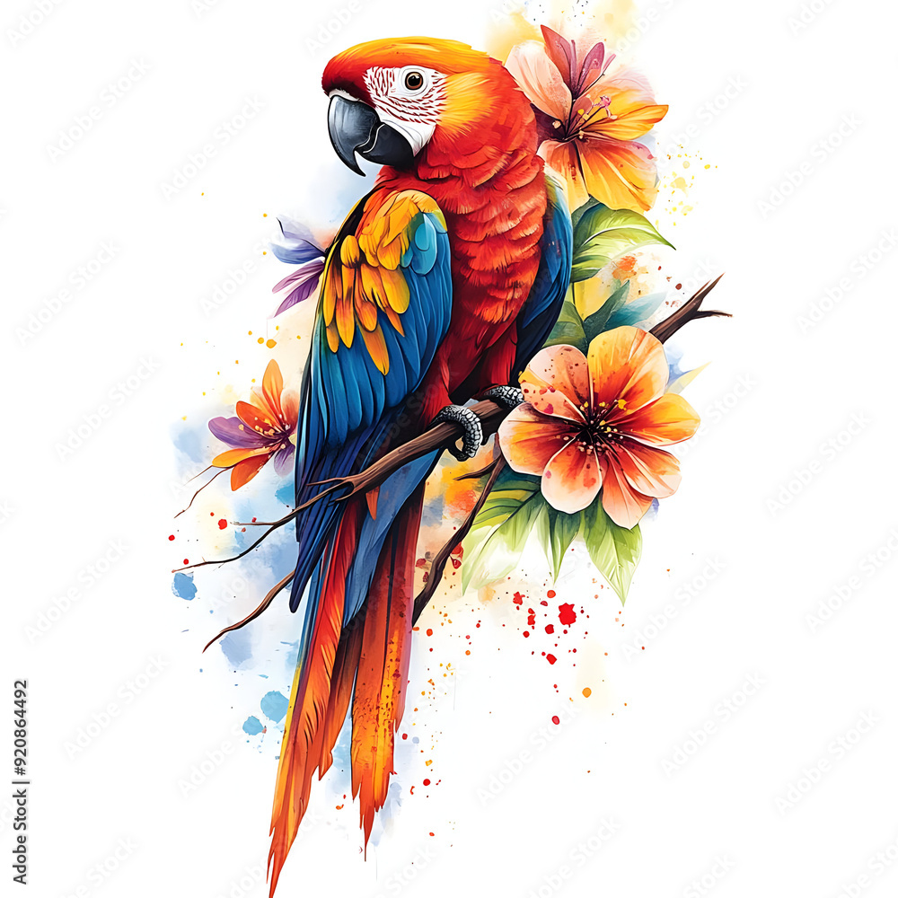 Obraz premium Vibrant parrot perched among colorful flowers, showcasing a stunning blend of colors and artistic detail.