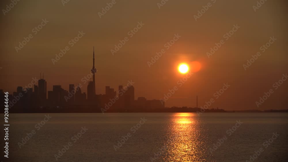 Sunrise over Toronto morning, downtown, sunrise orange sky, dawn over the lake, the sun rises Sunrise over Toronto morning, downtown, sunrise orange sky, dawn over the lake, the sun rises