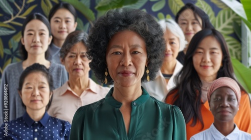 A group of women are standing together, one of them is wearing a green shirt