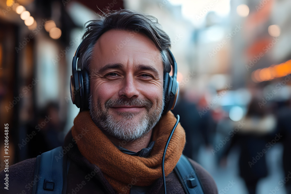 Joyful man enjoying music with headphones in a vibrant urban setting during the day. Joyful man enjoying music with headphones in a vibrant urban setting during the day.