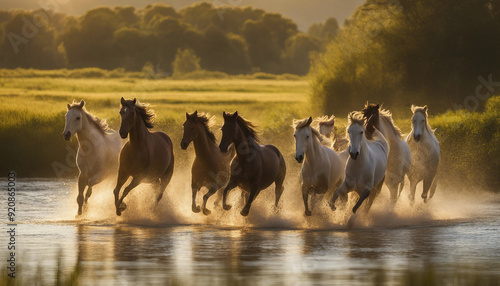 Herd of wild horses running freely by the river at sunset.