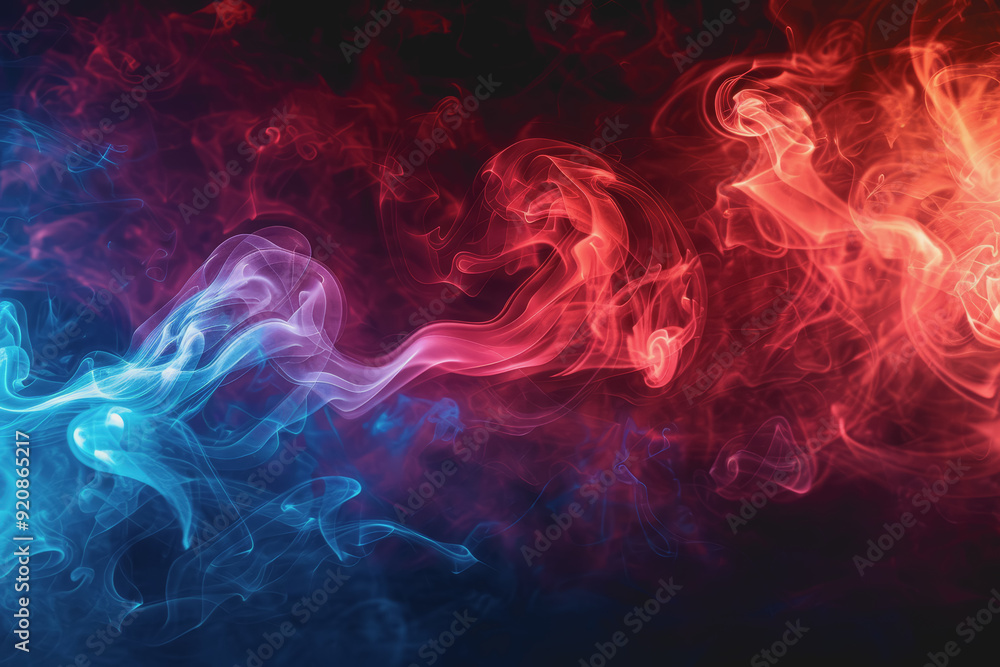 Dynamic smoke swirls dark red. Accented with neon blue textures and warm tones. Dynamic smoke swirls dark red. Accented with neon blue textures and warm tones.