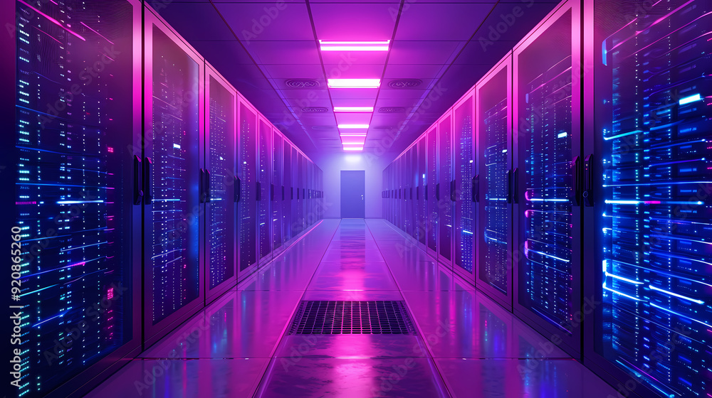 Vector cartoon corridor in a spaceship,Data Center With Illuminated Server Racks