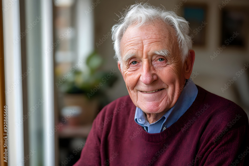 Cheerful elderly man smiling warmly at the camera, showcasing a friendly demeanor in a cozy indoor setting. Cheerful elderly man smiling warmly at the camera, showcasing a friendly demeanor in a cozy indoor setting.