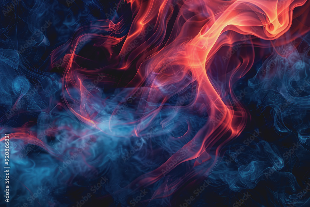Dynamic smoke swirls dark red. Accented with neon blue textures and warm tones. Dynamic smoke swirls dark red. Accented with neon blue textures and warm tones.