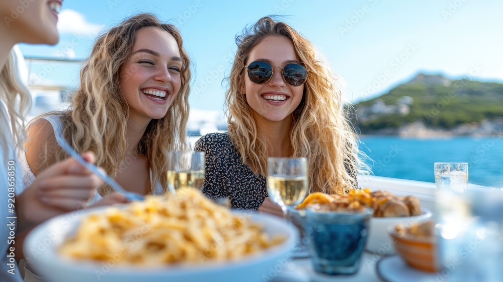 Two women smile brightly as they enjoy pasta and wine on a boat surrounded by beautiful scenery, capturing a moment of joy, celebration, and good company. Two women smile brightly as they enjoy pasta and wine on a boat surrounded by beautiful scenery, capturing a moment of joy, celebration, and good company.