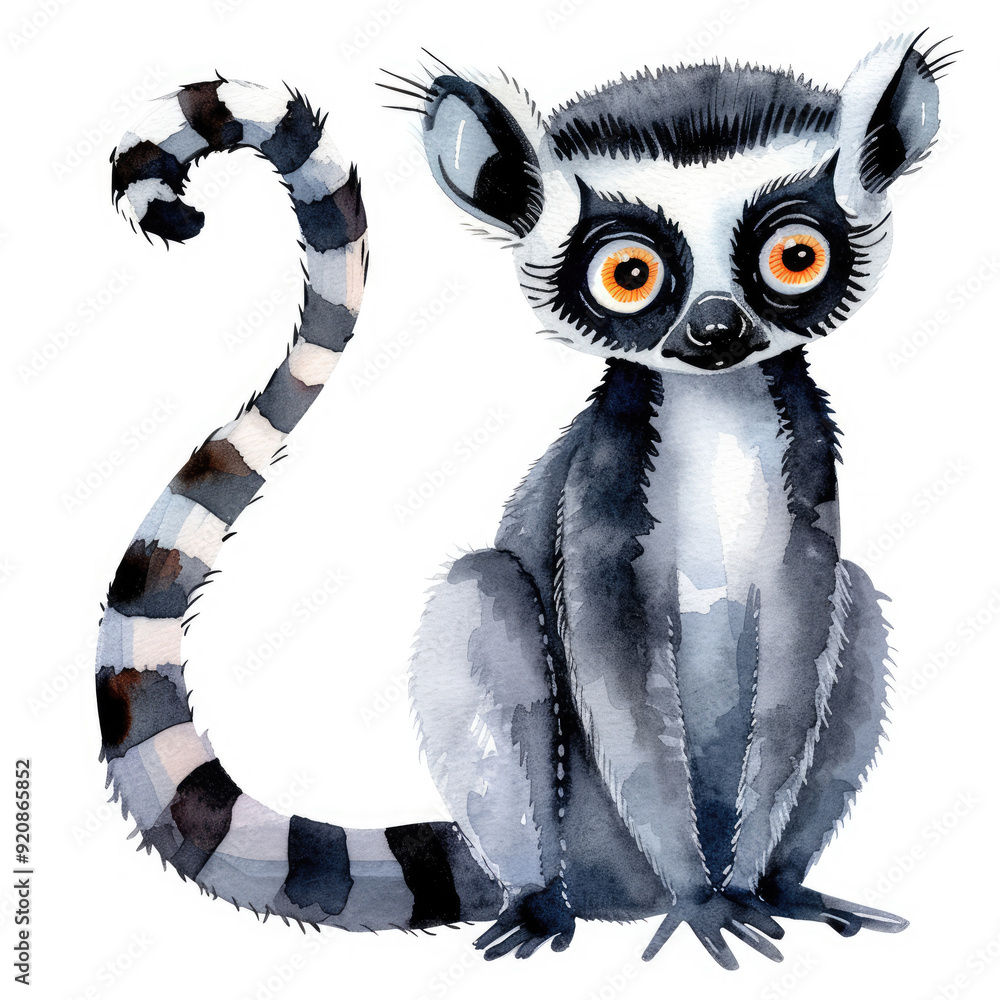 Obraz premium Watercolor Clipart of a Cheerful Lemur with a Striped Tail and Bright Eyes