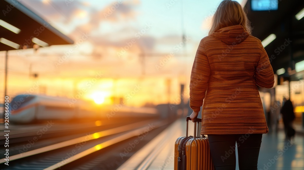 A person in an orange jacket stands at a train station platform, pulling a suitcase as the sun sets, symbolizing travel, anticipation, and the beauty of twilight journeys. A person in an orange jacket stands at a train station platform, pulling a suitcase as the sun sets, symbolizing travel, anticipation, and the beauty of twilight journeys.