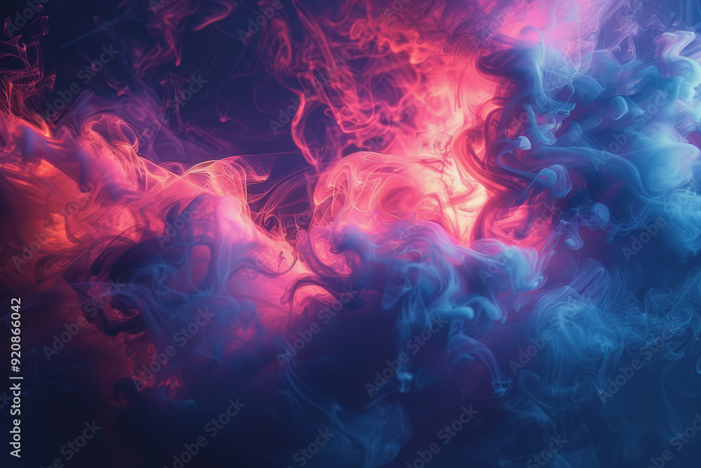 Dynamic smoke swirls dark red. Accented with neon blue textures and warm tones. Dynamic smoke swirls dark red. Accented with neon blue textures and warm tones.