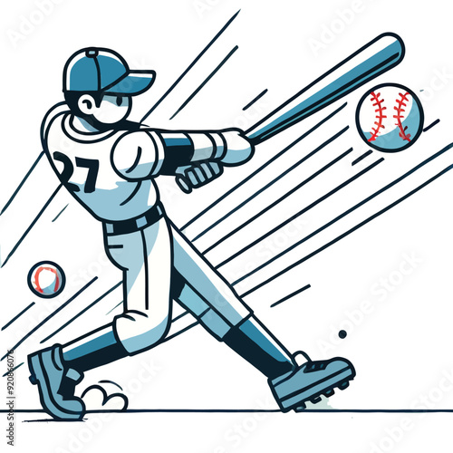 cartoon athlete hitting a baseball in flat design style