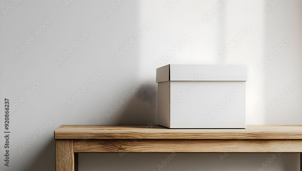 Minimalist white box on wooden table near a wall, creating a serene and elegant interior design atmosphere. Minimalist white box on wooden table near a wall, creating a serene and elegant interior design atmosphere.