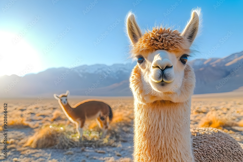 Obraz premium A close-up of a curious llama in a scenic landscape, with mountains and sunlight enhancing the serene atmosphere.
