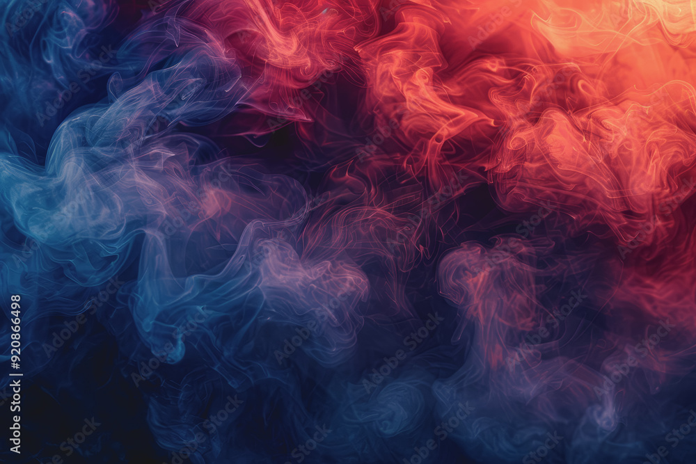 Fototapeta premium Dynamic smoke swirls dark red. Accented with neon blue textures and warm tones.