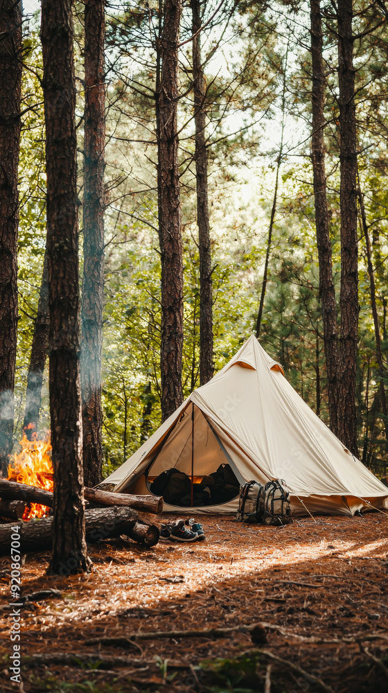 Cozy Camping Tent with Campfire in Dense Forest Cozy Camping Tent with Campfire in Dense Forest