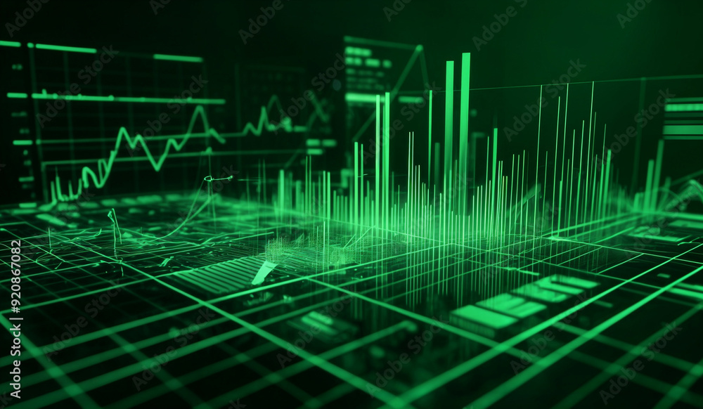 Naklejka premium Green holographic business chart in a digital cyberspace