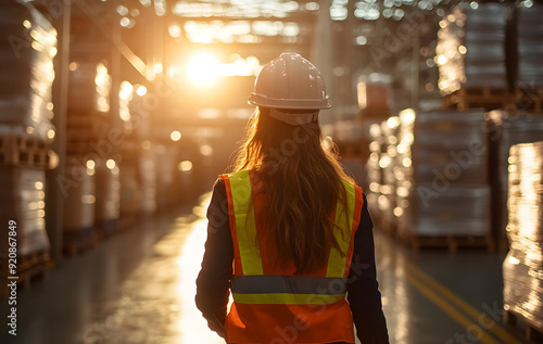 A construction worker observes warehouse operations at sunset, showcasing dedication and safety in industrial environments.