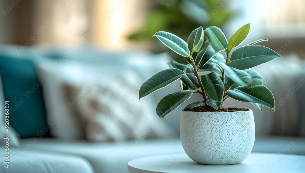 A vibrant green plant in a modern white pot, adding freshness to a stylish living room setting with soft furnishings. A vibrant green plant in a modern white pot, adding freshness to a stylish living room setting with soft furnishings.