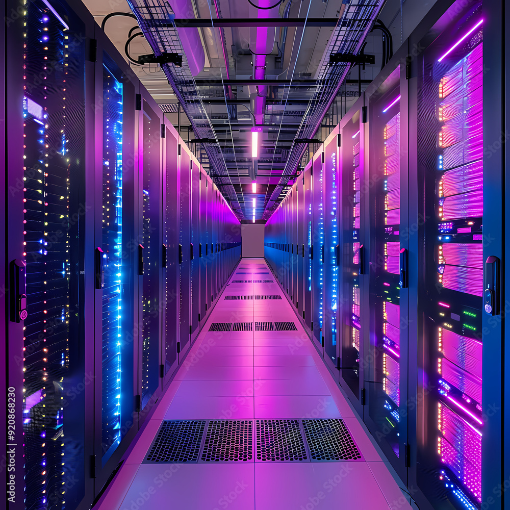 Fototapeta premium Vector cartoon corridor in a spaceship,Data Center With Illuminated Server Racks