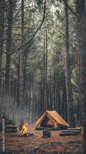 Cozy Camping Tent with Campfire in Dense Forest