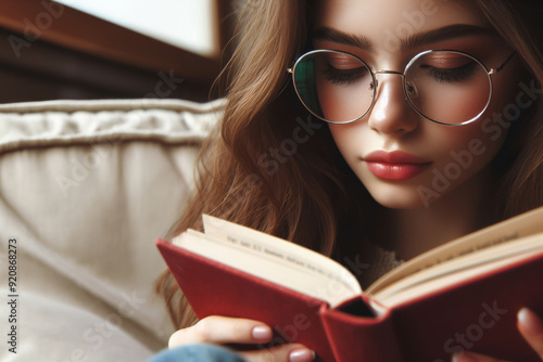 A woman wearing glasses is reading a book