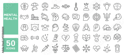 Set of 50 line icons related to mental health, depression, bipolar, psychology, disorder, brain, positive thinking, panic fear, wellness, Editable stroke. Vector illustration