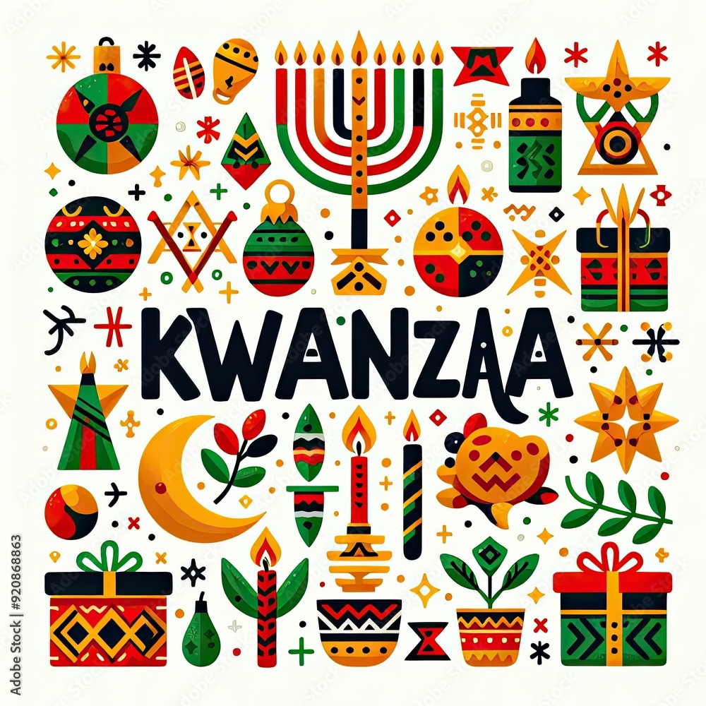 Vector illustration of Kwanzaa. Holiday african symbols with lettering on white background.. AI generate Vector illustration of Kwanzaa. Holiday african symbols with lettering on white background.. AI generate