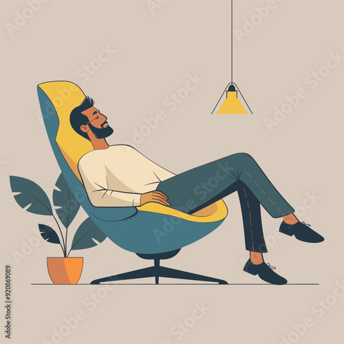 Flat design of a man relaxing on a yellow chair with a lamp and coffee.
