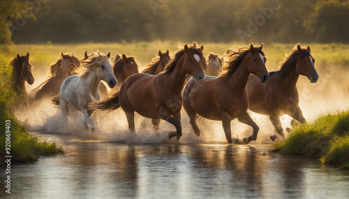 Herd of wild horses running freely by the river at sunset.