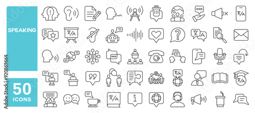 Set of 50 line icons related to speaking, language, communication, speech, dictionary, talking, consultation, conversation, Editable stroke. Vector illustration