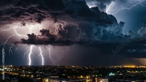 A picture of a thunderstorm over a city with lightning striking.