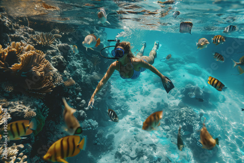 A snorkeler swimming alongside a school of tropical fish in crystal-clear waters, copy space.