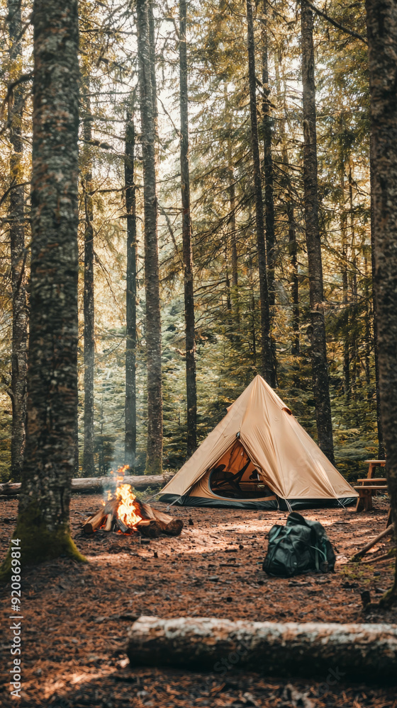 Cozy Camping Tent with Campfire in Dense Forest Cozy Camping Tent with Campfire in Dense Forest
