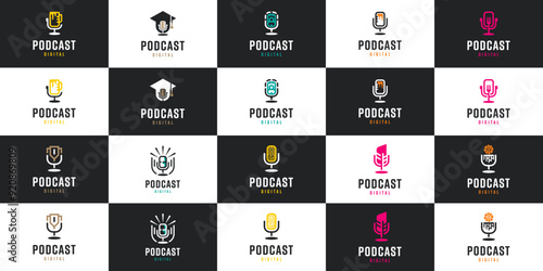 collection of podcast logos with line style, broadcast, interview, microphone, logo design inspiration.