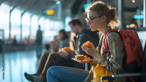 Passengers Waiting and Eating Snacks During Delayed Airport Transit