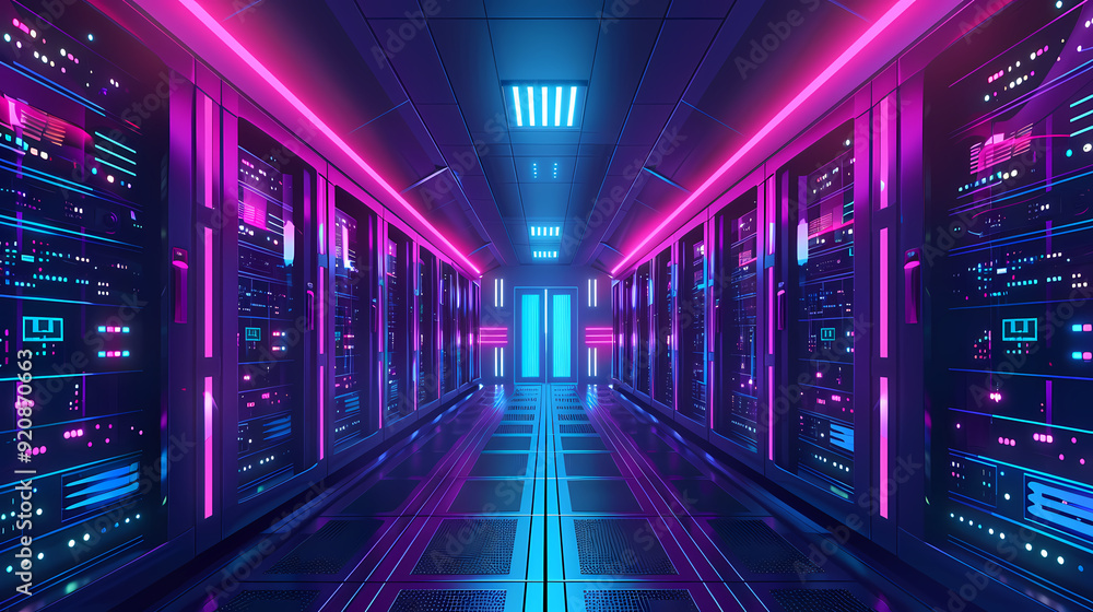Vector cartoon corridor in a spaceship,Data Center With Illuminated Server Racks Vector cartoon corridor in a spaceship,Data Center With Illuminated Server Racks