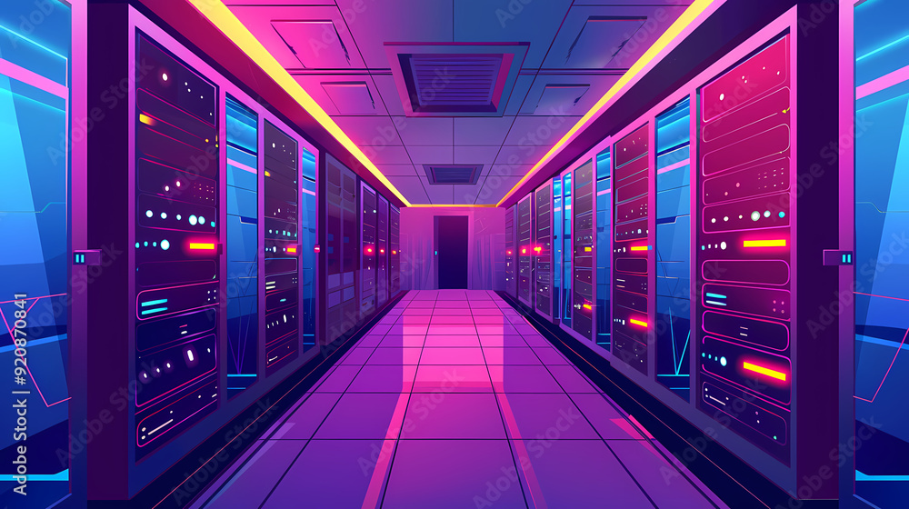 Vector cartoon corridor in a spaceship,Data Center With Illuminated ...