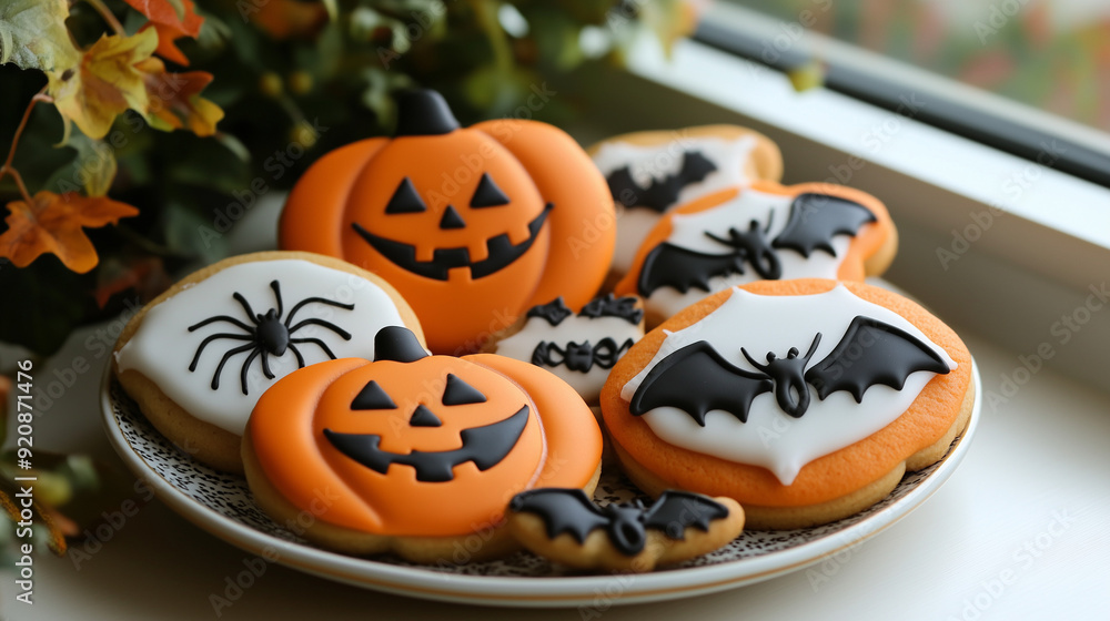 Decorative Halloween Oatmeal Cookies with pumpkins, bats and spiders on a plate near a window with autumn leaves Decorative Halloween Oatmeal Cookies with pumpkins, bats and spiders on a plate near a window with autumn leaves